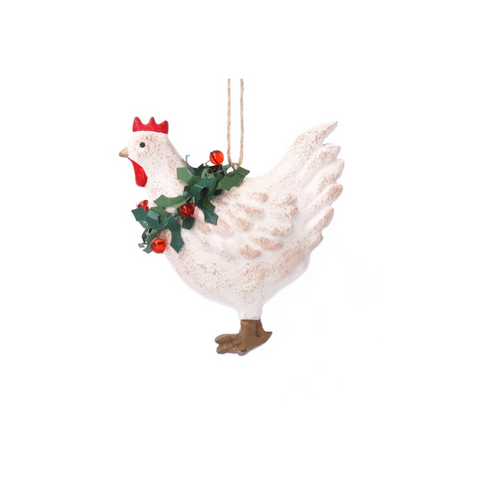 White Hen with Holly Wreath Tree Decoration