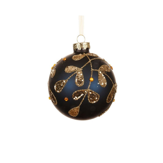 Night Blue with Gold Glitter Leaf Bauble