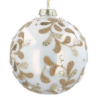 Gold Beaded Vines Pearl Cream Glass Bauble