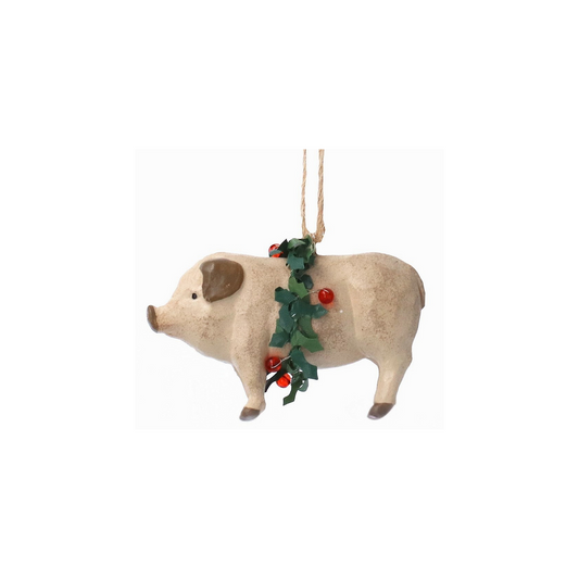 Pig with Holly Wreath Tree Decoration