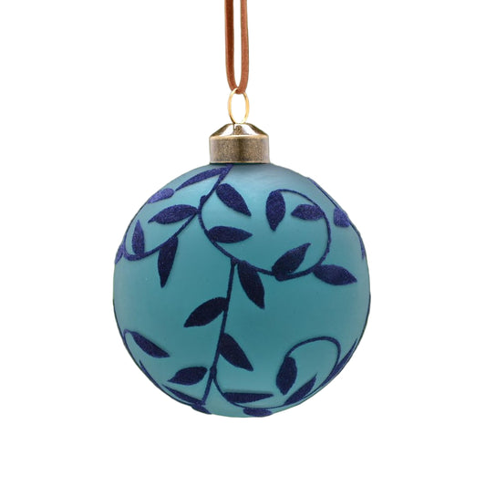 Glass Blue Flocked Leaves Bauble