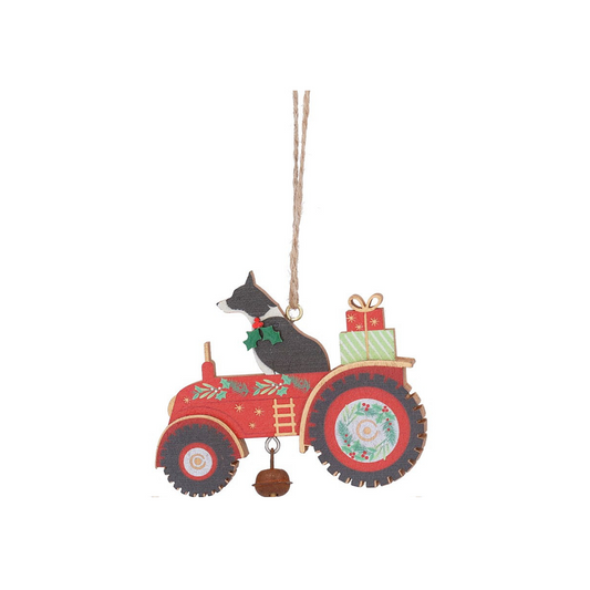 Sheepdog in Tractor Wooden Tree Decoration