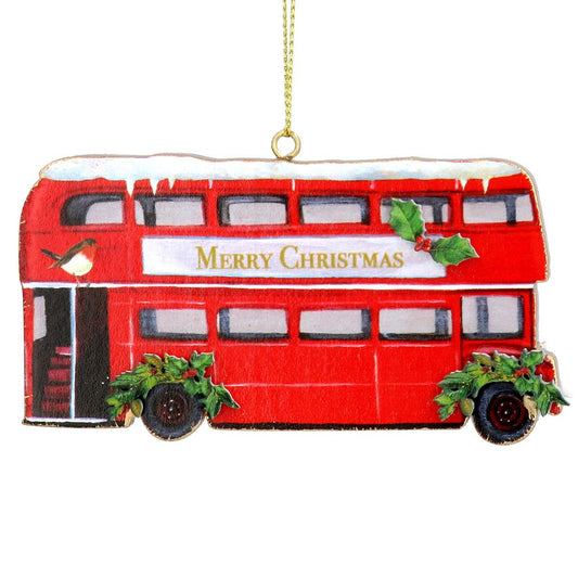 London Bus with Holly Wooden Hanging Decoration