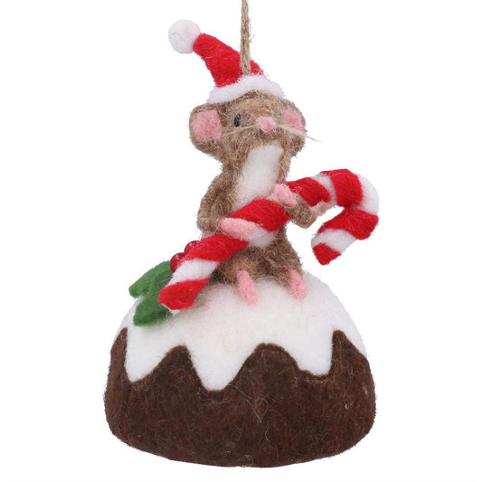 Mixed Wool Mouse with Candy Cane on Pudding Tree Decoration