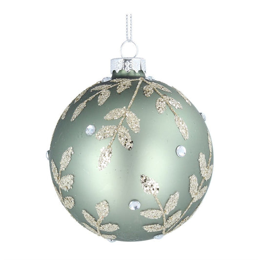 Matt Sage Green with Silver Leaves Glass Bauble