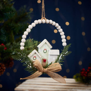 Christmas House Hanger Wooden Beaded Circle with Foliage & Bow