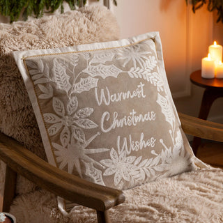 Winter Warmest Wishes Embroidered Cushion Natural