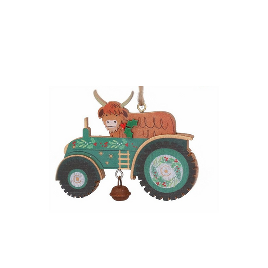 Highland Cow in Tractor Wooden Tree Decoration