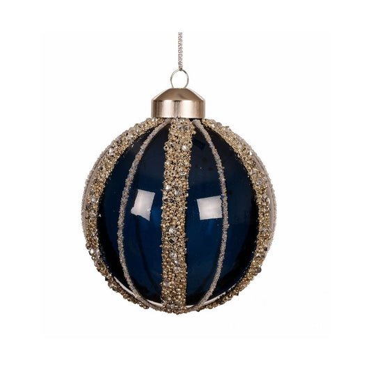 Night Blue with Gold Bead & Glitter Stripes Bauble