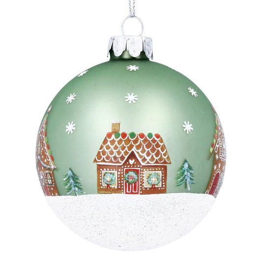 Matt Sage Green with Gingerbread House Glass Bauble