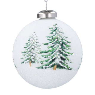 Matt White with Printed Fir Trees Glass Bauble