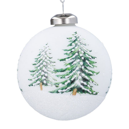 Matt White with Printed Fir Trees Glass Bauble