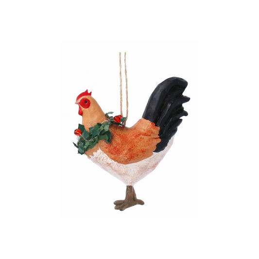 Brown Hen with Holly Wreath Tree Decoration