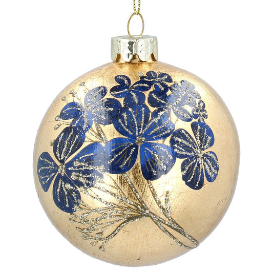 Gold Leaf with Blue Flowers Glass Bauble