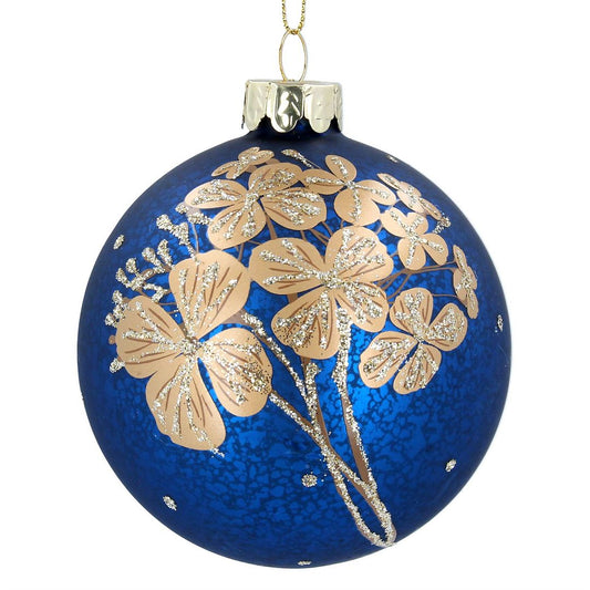 Antique Blue with Gold Flowers Glass Bauble