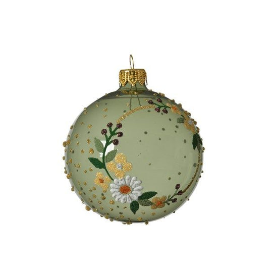 Sage Green Shiny Wreath with Flower Glass Bauble