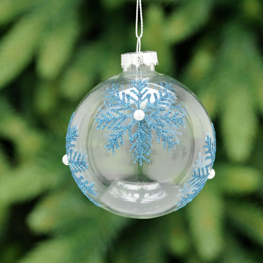 Clear With Blue Glitter Snowflake Glass Bauble