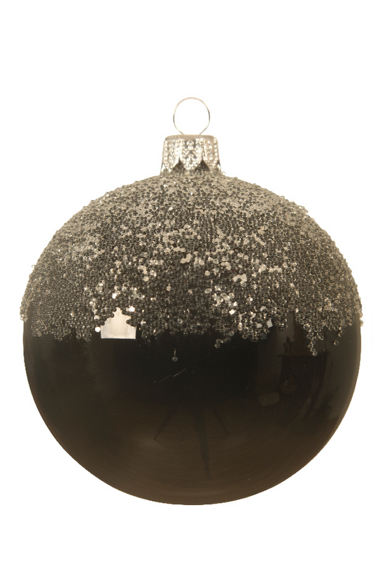 Black Gloss Glitter Top Glass Bauble