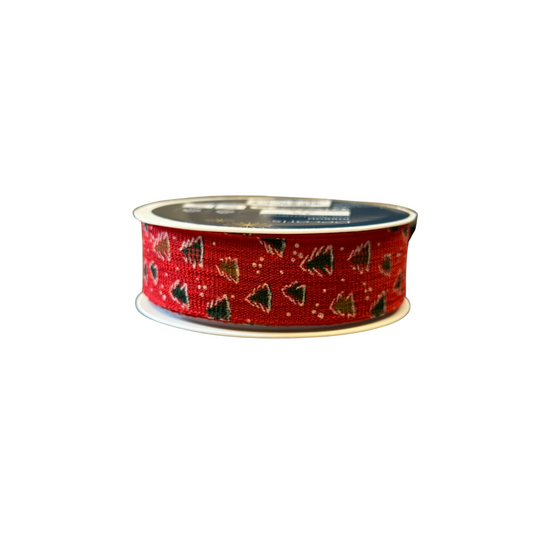 Christmas Red with Tree Print Ribbon 2m