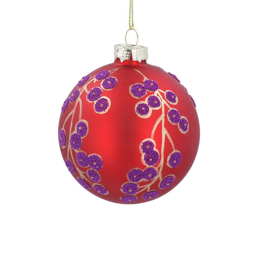 Matt Red with Purple Beaded Berries Glass Bauble