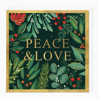 Green & Gold Peace & Love Christmas Card