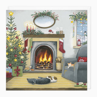 Puppies By The Fire Christmas Card