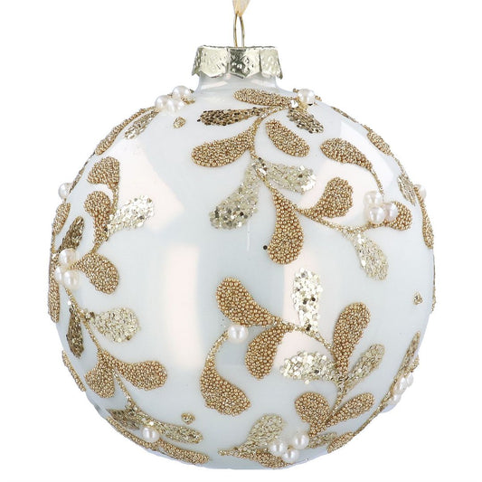 Gold Beaded Vines Pearl Cream Glass Bauble
