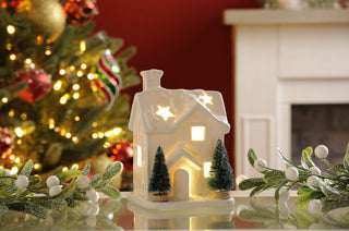 LED Porcelain House with Bristle Trees