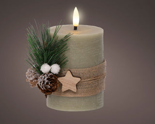LED Green Single Flame Candle with Pinecone Foilage
