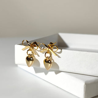 18K Gold Heart Bowknot Earrings