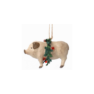 Pig with Holly Wreath Tree Decoration