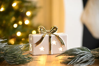 LED Ceramic Present with Gold Bow Small