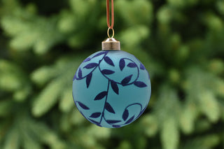 Glass Blue Flocked Leaves Bauble