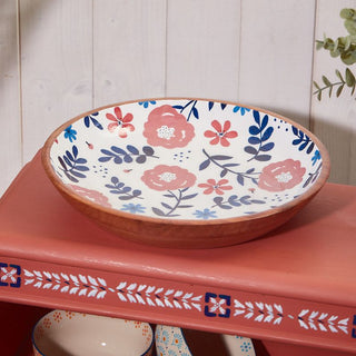 Floral Leaves Blue & Coral Mango Wood Bowl