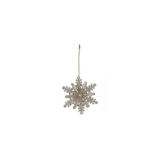 Gold Sparkle Metal 3D Snowflake with Pearl Hanging Decoration