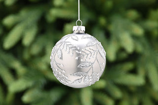 Grey with Silver Glitter Leaves Glass Bauble