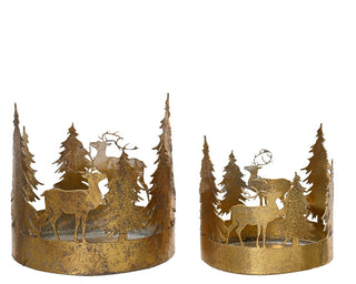 Antique Gold Deer and Tree Candle Holder Set of 2