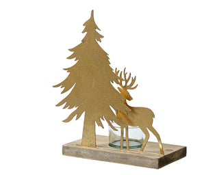 Antique Gold Reindeer & Tree Candle Holder