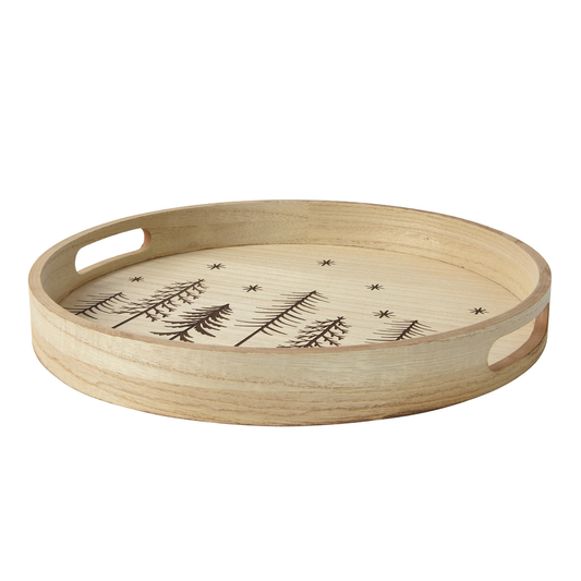 Stag & Trees Round Wood Tray with Handles Lrg