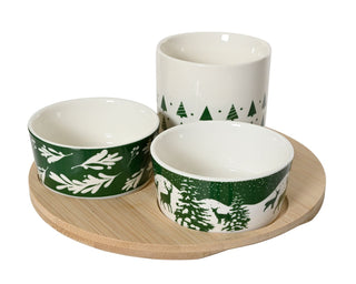 Green & White Design Tapas Set with Three Bowls