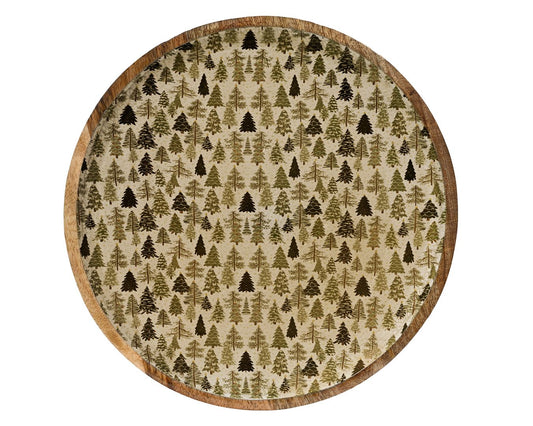 Round Mangowood Tray with Christmas Tree Print