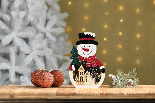 LED Wooden Snowman Village Scene Oranment