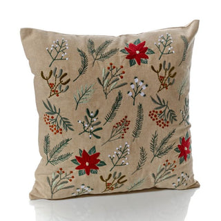 Poinsettia & Foilage Embroidered Cushion