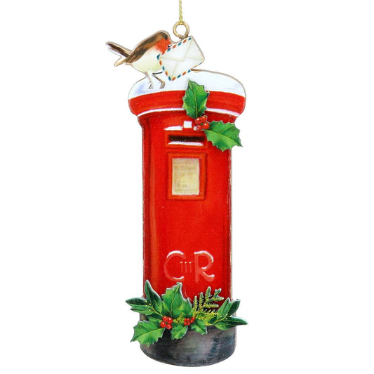 London Post Box with Robin Wooden Hanging Decoration