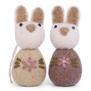 White Bunnies with Embroidery Flowers Hanging Decoration Plum - Set Of 2