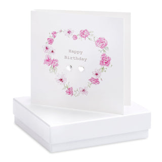 Boxed Floral Heart Happy Birthday Wreath Earring Card