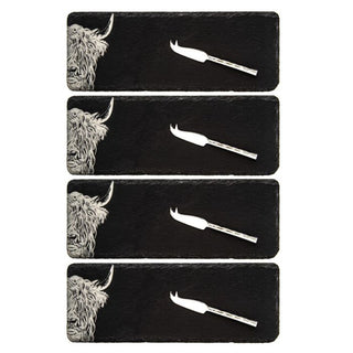 Highland Cow 4 Mini Slate Cheese Board & Knife Sets