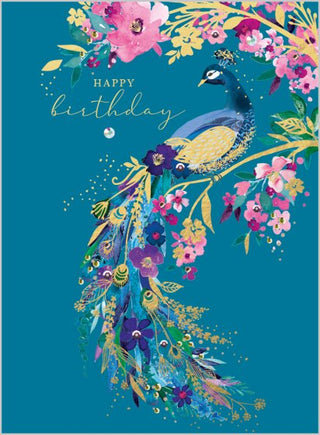 Pink Blossom Peacock Happy Birthday Card