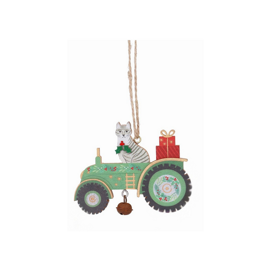 Cat in Tractor Wooden Tree Decoration