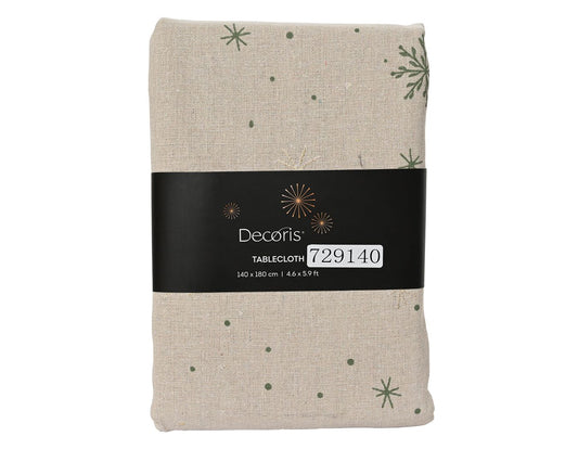 Natural with Gold Green Snowlake Print Table Cloth